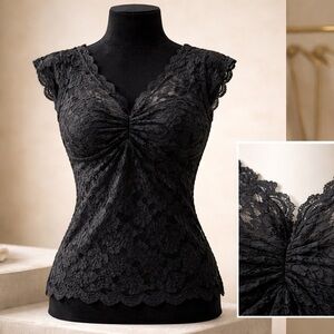 Elegant Black Floral Lace V-Neck Camisole Top Size 2XL Bust 37” Excellent Cond